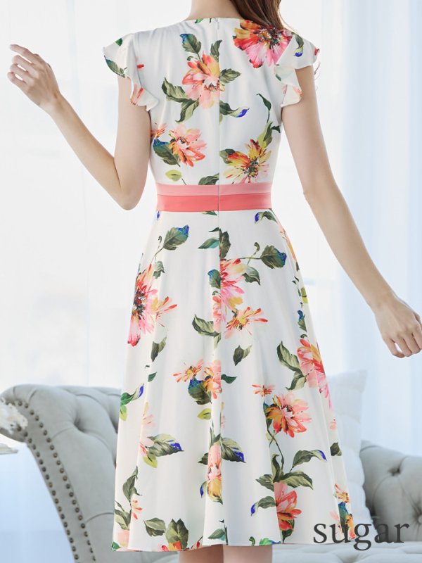 画像9: XS-Lサイズあり 【GINZA COUTURE/銀座クチュール】フラワープリント/ フリル袖/ フレア/ ミディアム丈/ ひざ丈/ ワンピース/ キャバドレス[OF2]