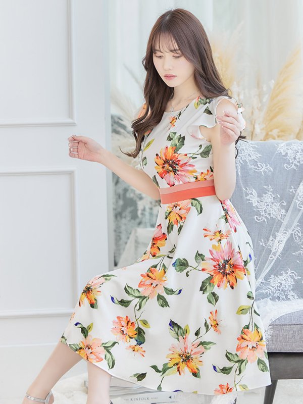 画像14: XS-Lサイズあり 【GINZA COUTURE/銀座クチュール】フラワープリント/ フリル袖/ フレア/ ミディアム丈/ ひざ丈/ ワンピース/ キャバドレス[OF2]