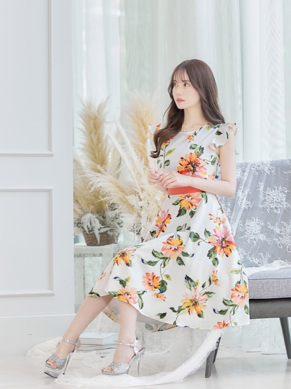 画像15: XS-Lサイズあり 【GINZA COUTURE/銀座クチュール】フラワープリント/ フリル袖/ フレア/ ミディアム丈/ ひざ丈/ ワンピース/ キャバドレス[OF2]