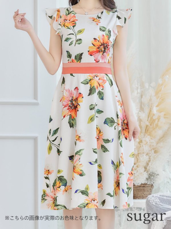 画像17: XS-Lサイズあり 【GINZA COUTURE/銀座クチュール】フラワープリント/ フリル袖/ フレア/ ミディアム丈/ ひざ丈/ ワンピース/ キャバドレス[OF2]