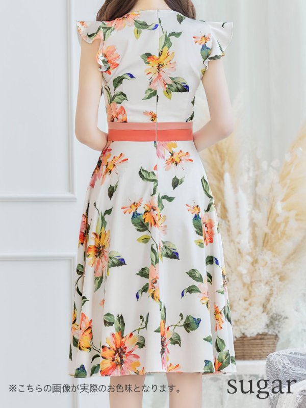 画像18: XS-Lサイズあり 【GINZA COUTURE/銀座クチュール】フラワープリント/ フリル袖/ フレア/ ミディアム丈/ ひざ丈/ ワンピース/ キャバドレス[OF2]