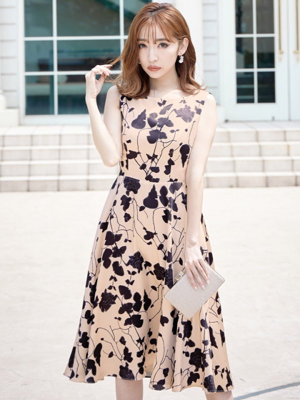 画像2: XS-Lサイズあり 【GINZA COUTURE/銀座クチュール】フラワーモチーフプリント/ ノースリーブ/ Aライン/ フレア/ ミモレ丈/ ワンピース/ キャバドレス[OF2]