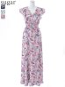 XS-Lサイズあり【GINZA COUTURE/銀座クチュール】ワンピース/ フラワープリント/ シャーリング/ フリルスリーブ/ Aライン/ マキシ丈/ キャバドレス ピンクxグレー