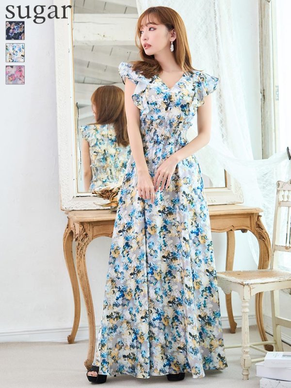 XS-Lサイズあり【GINZA COUTURE/銀座クチュール】ワンピース/ フラワープリント/ シャーリング/ フリルスリーブ/ Aライン/ マキシ丈/ キャバドレス イエローxブルー