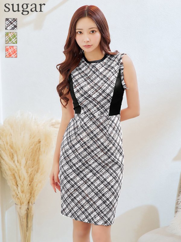 【GINZA COUTURE/銀座クチュール】 チェックツイード/ ノースリーブ/ タイト/ ワンピース/ キャバドレス　ブラック