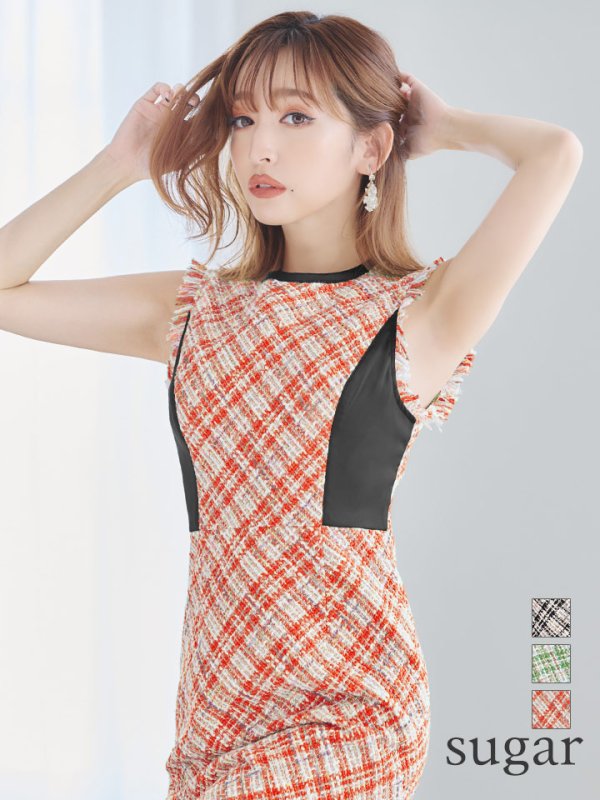 【GINZA COUTURE/銀座クチュール】 チェックツイード/ ノースリーブ/ タイト/ ワンピース/ キャバドレス　オレンジ
