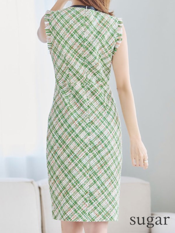 画像12: 【GINZA COUTURE/銀座クチュール】 チェックツイード/ ノースリーブ/ タイト/ ワンピース/ キャバドレス[OF2]