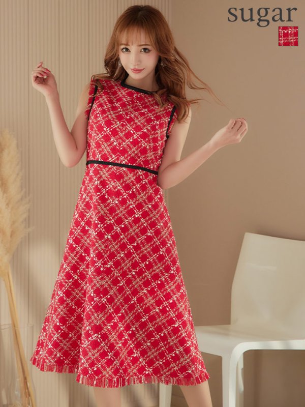 XSサイズあり【GINZA COUTURE/銀座クチュール】 ツイード/ ノースリーブ/ Aライン/ ワンピース/ ひざ丈/ ミディアムドレス/ キャバドレス　レッド
