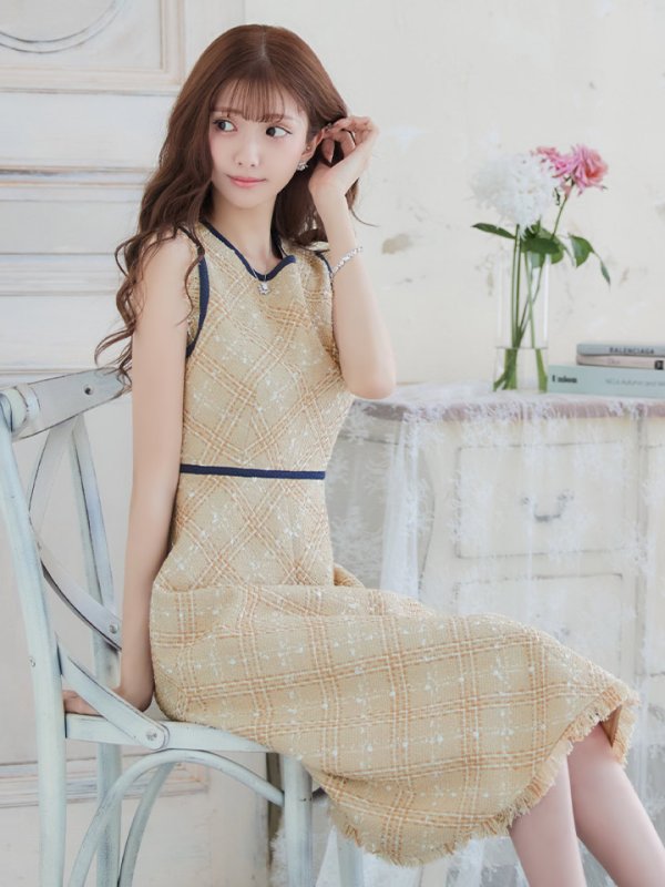 画像14: XSサイズあり 【GINZA COUTURE/銀座クチュール】 ツイード/ ノースリーブ/ Aライン/ ワンピース/ ひざ丈/ ミディアムドレス/ キャバドレス[OF2]