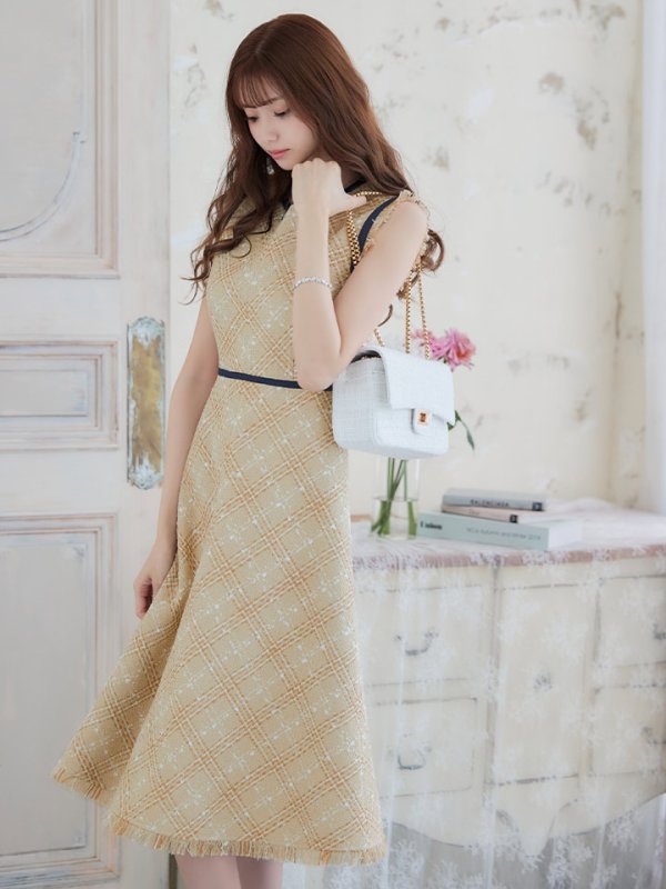 画像15: XSサイズあり 【GINZA COUTURE/銀座クチュール】 ツイード/ ノースリーブ/ Aライン/ ワンピース/ ひざ丈/ ミディアムドレス/ キャバドレス[OF2]