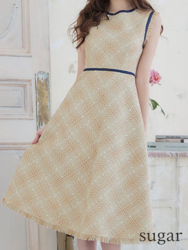 画像17: XSサイズあり 【GINZA COUTURE/銀座クチュール】 ツイード/ ノースリーブ/ Aライン/ ワンピース/ ひざ丈/ ミディアムドレス/ キャバドレス[OF2]