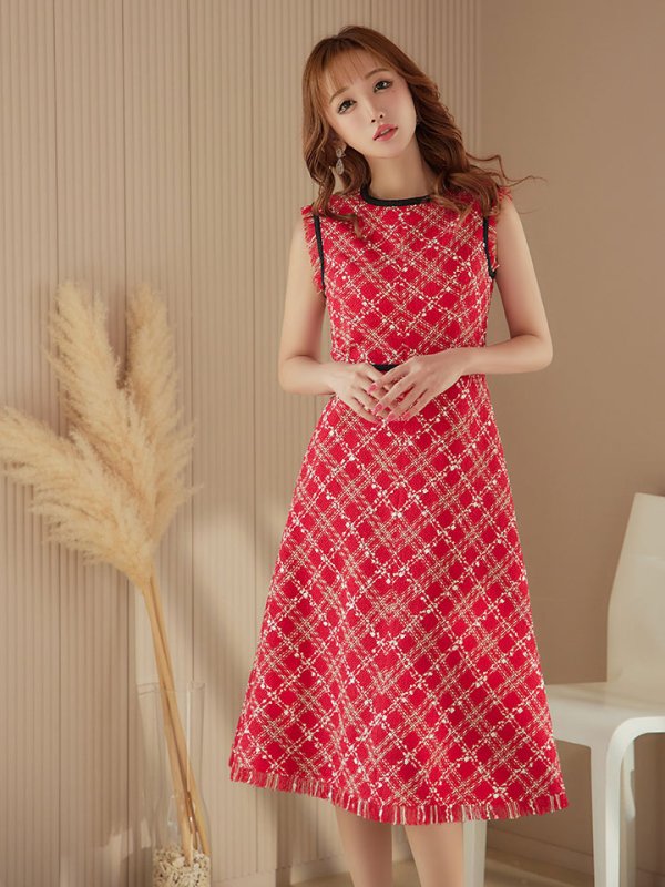 画像20: XSサイズあり 【GINZA COUTURE/銀座クチュール】 ツイード/ ノースリーブ/ Aライン/ ワンピース/ ひざ丈/ ミディアムドレス/ キャバドレス[OF2]
