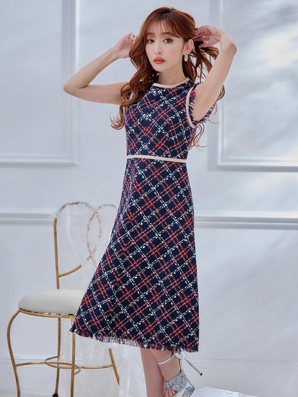 画像2: XSサイズあり 【GINZA COUTURE/銀座クチュール】 ツイード/ ノースリーブ/ Aライン/ ワンピース/ ひざ丈/ ミディアムドレス/ キャバドレス[OF2]