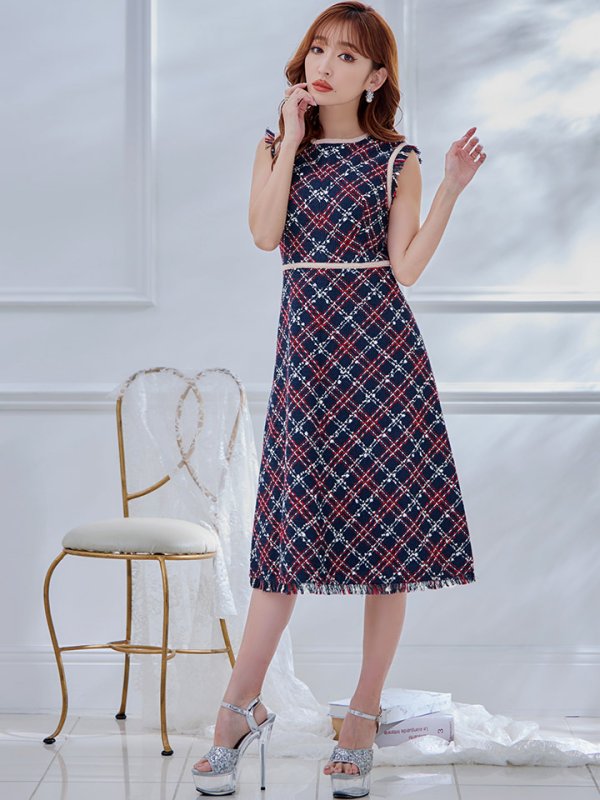画像3: XSサイズあり 【GINZA COUTURE/銀座クチュール】 ツイード/ ノースリーブ/ Aライン/ ワンピース/ ひざ丈/ ミディアムドレス/ キャバドレス[OF2]