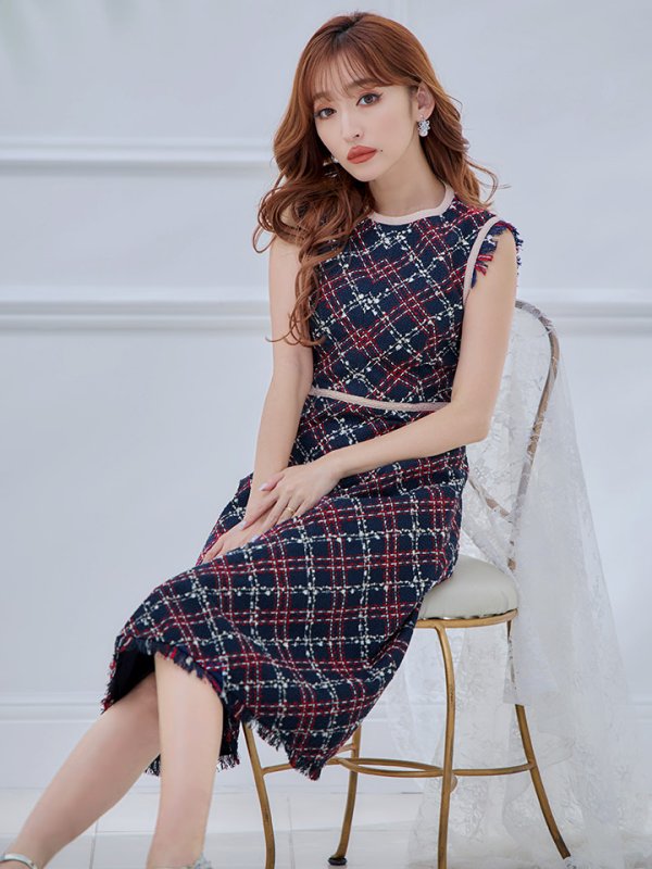 画像4: XSサイズあり 【GINZA COUTURE/銀座クチュール】 ツイード/ ノースリーブ/ Aライン/ ワンピース/ ひざ丈/ ミディアムドレス/ キャバドレス[OF2]