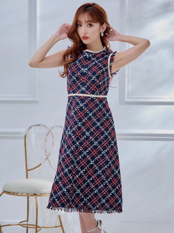 画像6: XSサイズあり 【GINZA COUTURE/銀座クチュール】 ツイード/ ノースリーブ/ Aライン/ ワンピース/ ひざ丈/ ミディアムドレス/ キャバドレス[OF2]