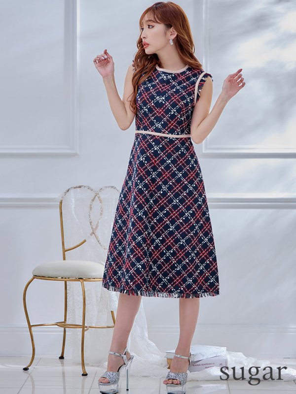 画像7: XSサイズあり 【GINZA COUTURE/銀座クチュール】 ツイード/ ノースリーブ/ Aライン/ ワンピース/ ひざ丈/ ミディアムドレス/ キャバドレス[OF2]