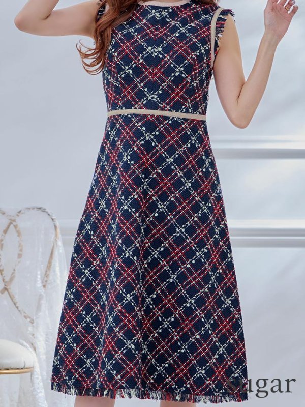 画像8: XSサイズあり 【GINZA COUTURE/銀座クチュール】 ツイード/ ノースリーブ/ Aライン/ ワンピース/ ひざ丈/ ミディアムドレス/ キャバドレス[OF2]