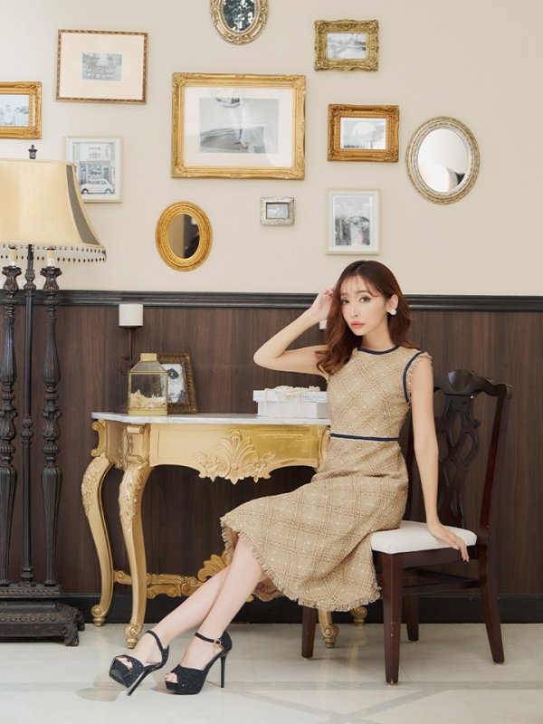 画像4: XSサイズあり 【GINZA COUTURE/銀座クチュール】 ツイード/ ノースリーブ/ Aライン/ ワンピース/ ひざ丈/ ミディアムドレス/ キャバドレス[OF2]