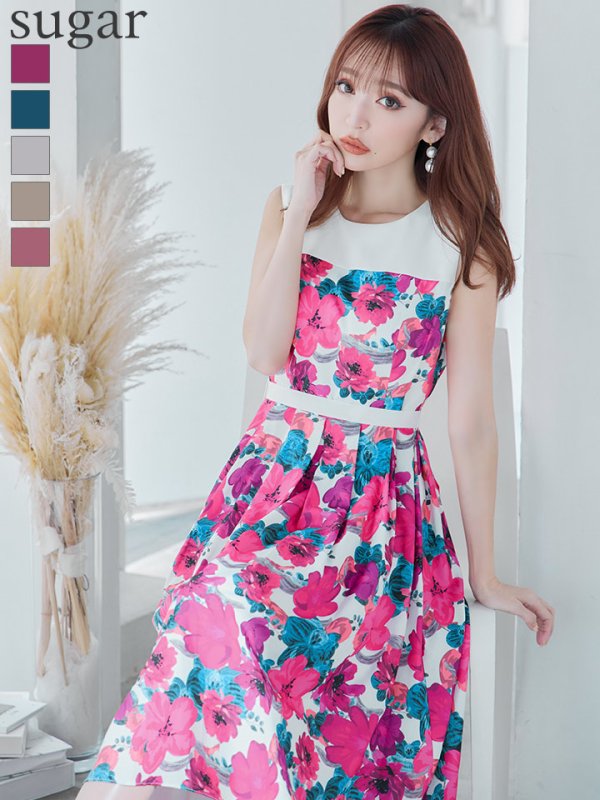 XS-Lサイズあり【GINZA COUTURE/銀座クチュール】フラワープリント/ ハイウエスト/ ノースリーブ/ フレア/ Aライン/ ひざ丈/ ワンピース/ ミディアムドレス/ キャバドレス　ホワイトxピンク
