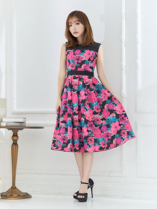 画像3: XS-Lサイズあり 【GINZA COUTURE/銀座クチュール】フラワープリント/ ハイウエスト/ ノースリーブ/ フレア/ Aライン/ ひざ丈/ ワンピース/ ミディアムドレス/ キャバドレス[OF2]