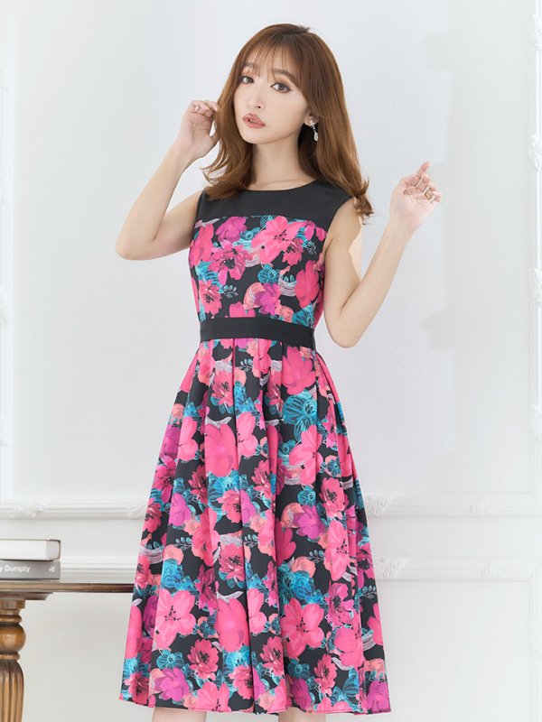 画像4: XS-Lサイズあり 【GINZA COUTURE/銀座クチュール】フラワープリント/ ハイウエスト/ ノースリーブ/ フレア/ Aライン/ ひざ丈/ ワンピース/ ミディアムドレス/ キャバドレス[OF2]