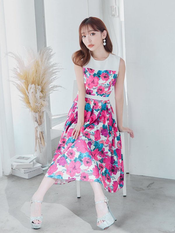 画像13: XS-Lサイズあり 【GINZA COUTURE/銀座クチュール】フラワープリント/ ハイウエスト/ ノースリーブ/ フレア/ Aライン/ ひざ丈/ ワンピース/ ミディアムドレス/ キャバドレス[OF2]