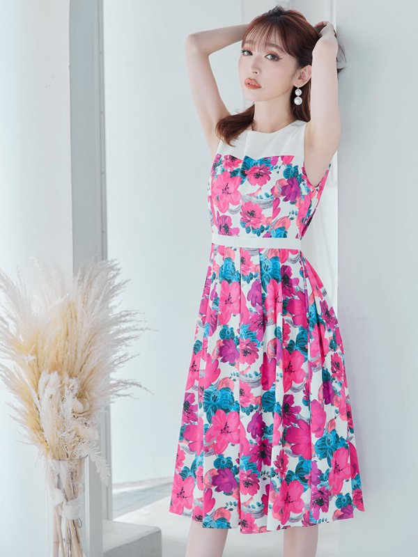 画像15: XS-Lサイズあり 【GINZA COUTURE/銀座クチュール】フラワープリント/ ハイウエスト/ ノースリーブ/ フレア/ Aライン/ ひざ丈/ ワンピース/ ミディアムドレス/ キャバドレス[OF2]