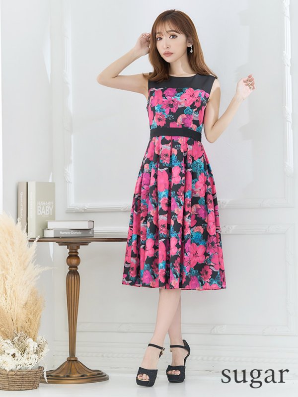 画像7: XS-Lサイズあり 【GINZA COUTURE/銀座クチュール】フラワープリント/ ハイウエスト/ ノースリーブ/ フレア/ Aライン/ ひざ丈/ ワンピース/ ミディアムドレス/ キャバドレス[OF2]