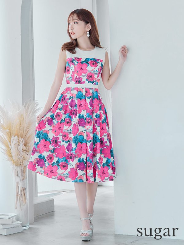 画像16: XS-Lサイズあり 【GINZA COUTURE/銀座クチュール】フラワープリント/ ハイウエスト/ ノースリーブ/ フレア/ Aライン/ ひざ丈/ ワンピース/ ミディアムドレス/ キャバドレス[OF2]