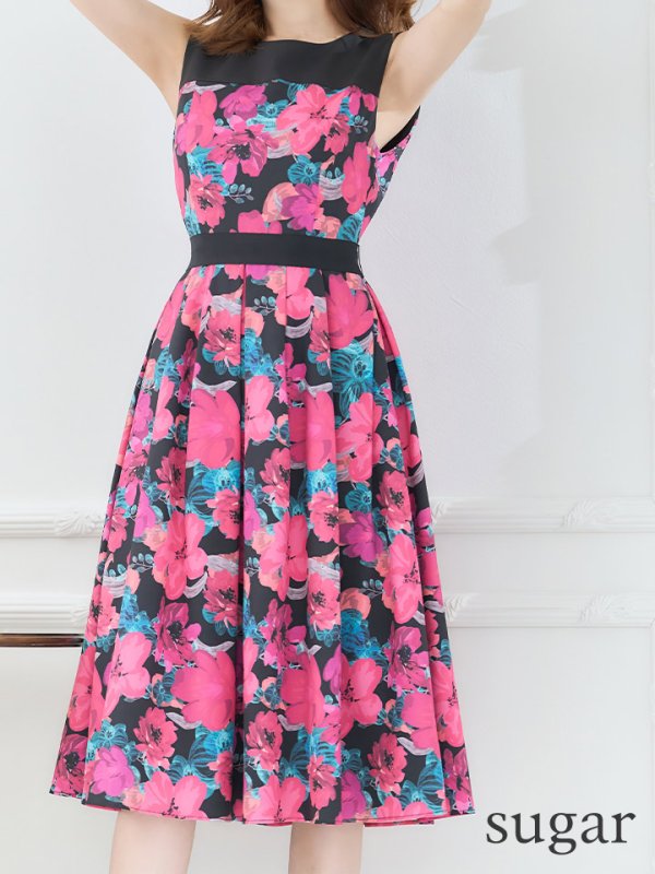 画像8: XS-Lサイズあり 【GINZA COUTURE/銀座クチュール】フラワープリント/ ハイウエスト/ ノースリーブ/ フレア/ Aライン/ ひざ丈/ ワンピース/ ミディアムドレス/ キャバドレス[OF2]