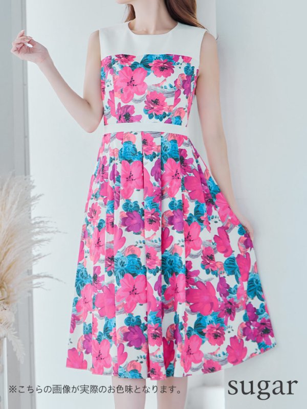 画像17: XS-Lサイズあり 【GINZA COUTURE/銀座クチュール】フラワープリント/ ハイウエスト/ ノースリーブ/ フレア/ Aライン/ ひざ丈/ ワンピース/ ミディアムドレス/ キャバドレス[OF2]