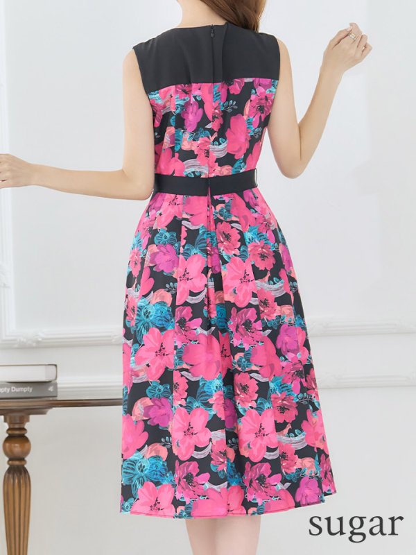 画像9: XS-Lサイズあり 【GINZA COUTURE/銀座クチュール】フラワープリント/ ハイウエスト/ ノースリーブ/ フレア/ Aライン/ ひざ丈/ ワンピース/ ミディアムドレス/ キャバドレス[OF2]