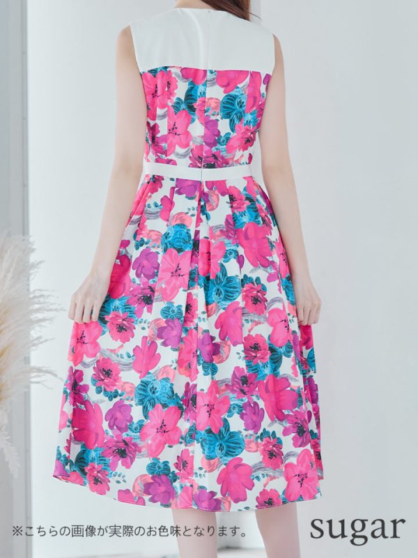 画像18: XS-Lサイズあり 【GINZA COUTURE/銀座クチュール】フラワープリント/ ハイウエスト/ ノースリーブ/ フレア/ Aライン/ ひざ丈/ ワンピース/ ミディアムドレス/ キャバドレス[OF2]