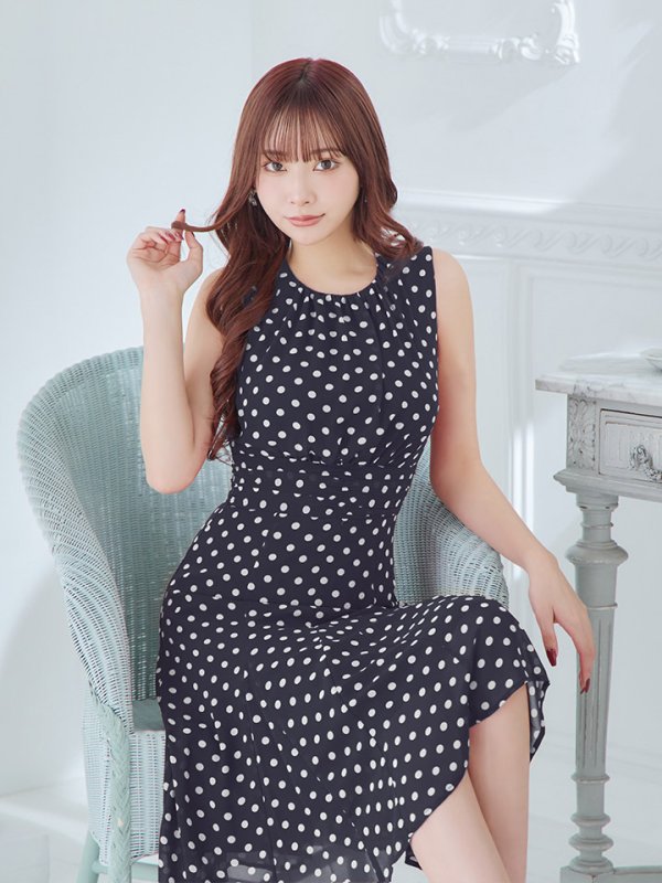 画像2: XS-Lサイズあり 【GINZA COUTURE/銀座クチュール】ドット柄/ ノースリーブ/ 膝丈/ Aライン/ ワンピース/ ミディアムドレス/ キャバドレス[OF2]
