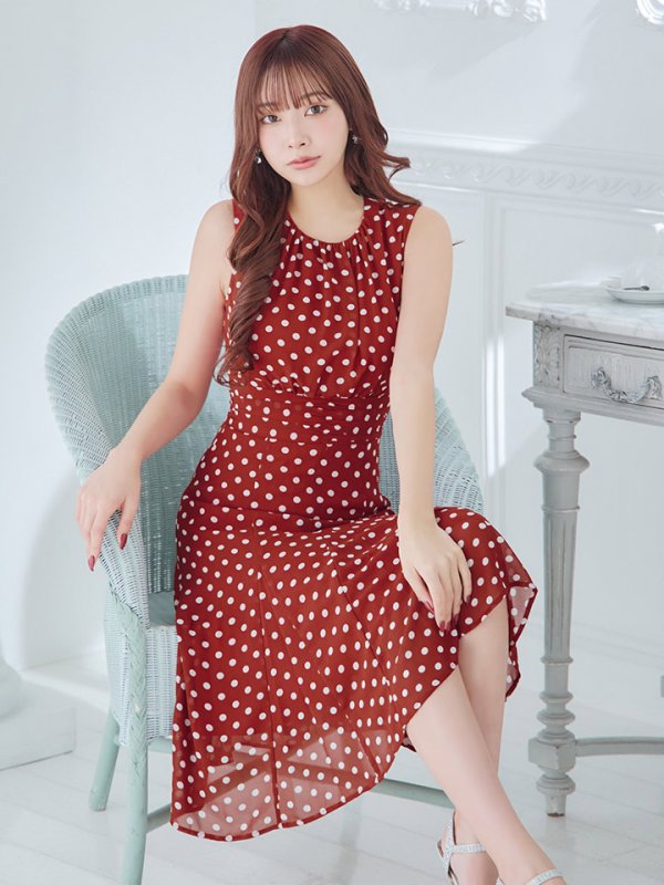 画像8: XS-Lサイズあり 【GINZA COUTURE/銀座クチュール】ドット柄/ ノースリーブ/ 膝丈/ Aライン/ ワンピース/ ミディアムドレス/ キャバドレス[OF2]