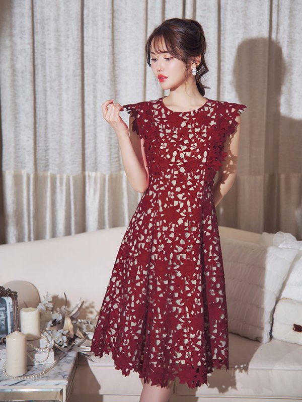 画像28: XS-Lサイズあり 【GINZA COUTURE/銀座クチュール】レース/ ワンカラー/ ノースリーブ/ Aライン/ フレア/ 膝丈/ ミディアムドレス/ キャバドレス[OF2]