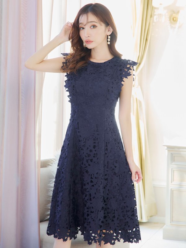 画像5: XS-Lサイズあり 【GINZA COUTURE/銀座クチュール】レース/ ワンカラー/ ノースリーブ/ Aライン/ フレア/ 膝丈/ ミディアムドレス/ キャバドレス[OF2]