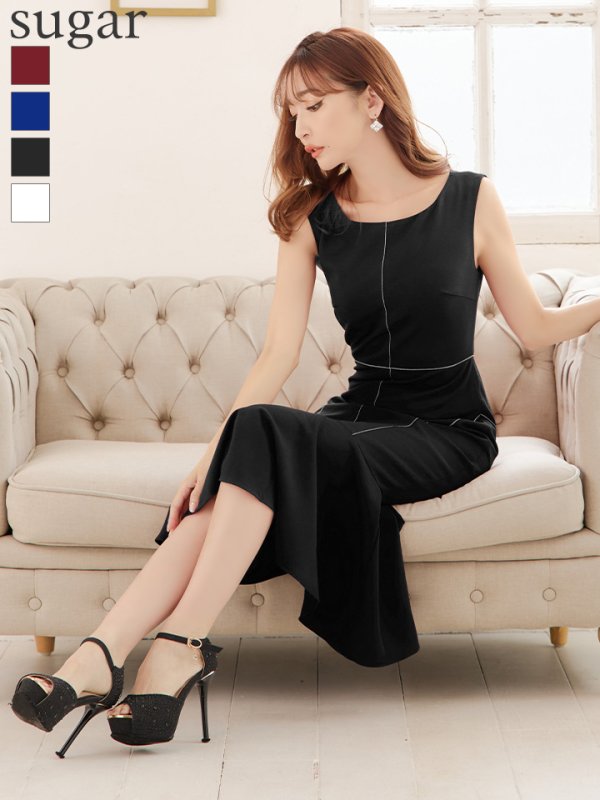 XS-Lサイズあり【GINZA COUTURE/銀座クチュール】シンプル/ ワンカラー/ ノースリーブ/ マーメイド/ ミディアム丈/ ワンピース/ ミディアムドレス/ キャバドレス　ブラック
