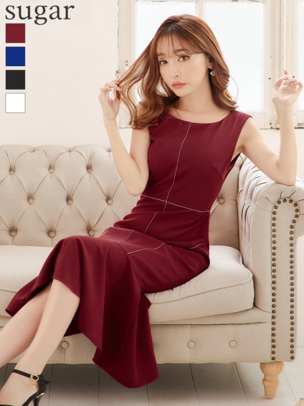 XS-Lサイズあり【GINZA COUTURE/銀座クチュール】シンプル/ ワンカラー/ ノースリーブ/ マーメイド/ ミディアム丈/ ワンピース/ ミディアムドレス/ キャバドレス　ワインレッド