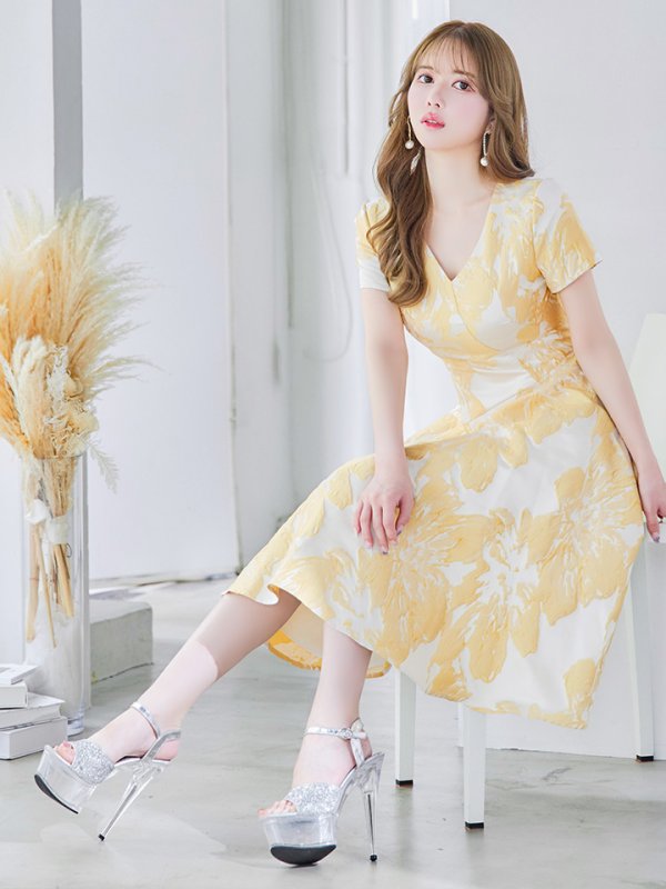 画像3: XS-Lサイズあり 【GINZA COUTURE/銀座クチュール】フラワージャガード/ 半袖/ 袖あり/ フレア/ ミモレ丈/ ワンピース/ ミディアムドレス/ キャバドレス[OF2]