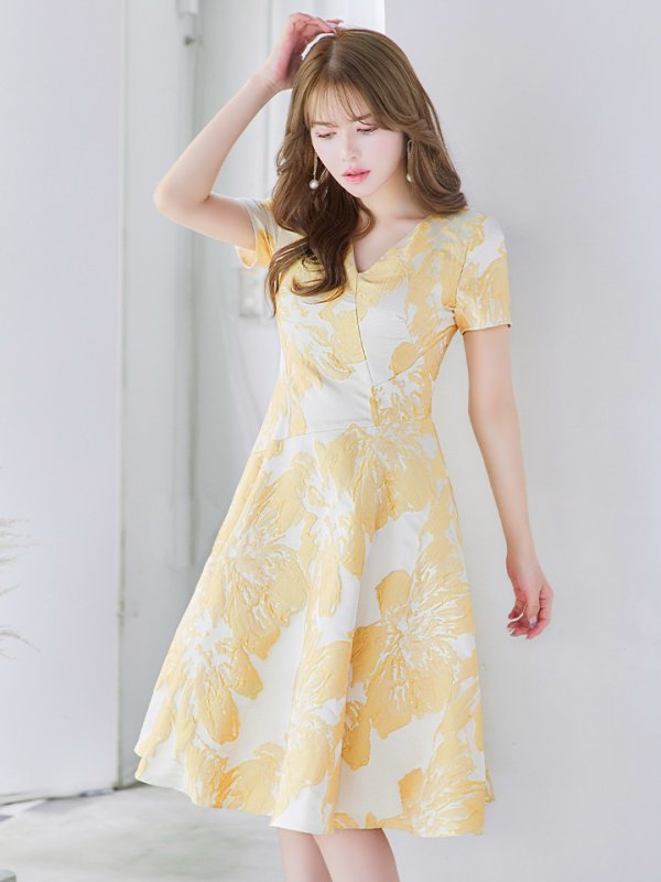 画像4: XS-Lサイズあり 【GINZA COUTURE/銀座クチュール】フラワージャガード/ 半袖/ 袖あり/ フレア/ ミモレ丈/ ワンピース/ ミディアムドレス/ キャバドレス[OF2]