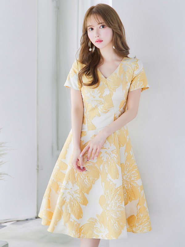 画像5: XS-Lサイズあり 【GINZA COUTURE/銀座クチュール】フラワージャガード/ 半袖/ 袖あり/ フレア/ ミモレ丈/ ワンピース/ ミディアムドレス/ キャバドレス[OF2]