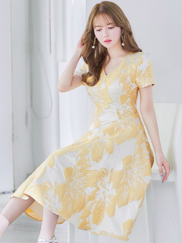 画像6: XS-Lサイズあり 【GINZA COUTURE/銀座クチュール】フラワージャガード/ 半袖/ 袖あり/ フレア/ ミモレ丈/ ワンピース/ ミディアムドレス/ キャバドレス[OF2]