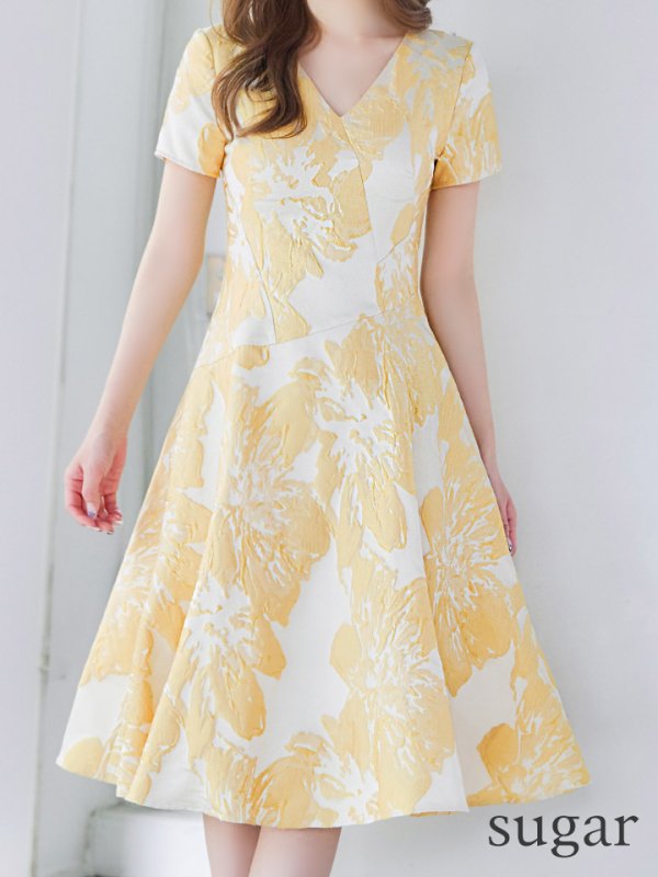 画像8: XS-Lサイズあり 【GINZA COUTURE/銀座クチュール】フラワージャガード/ 半袖/ 袖あり/ フレア/ ミモレ丈/ ワンピース/ ミディアムドレス/ キャバドレス[OF2]