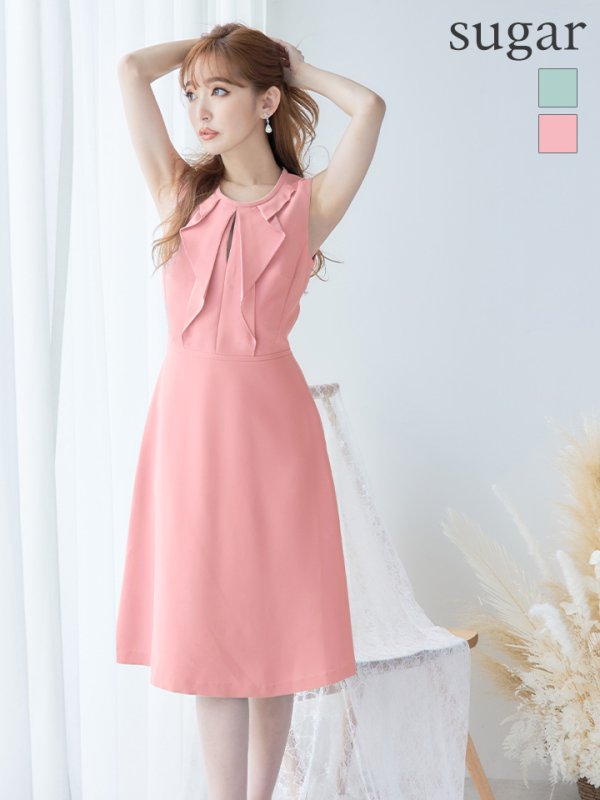 XS-Lサイズあり【GINZA COUTURE/銀座クチュール】フリル/ ノースリーブ/ 膝丈/ ワンピース/ Aライン/ ミモレ丈/ キャバドレス ピンク
