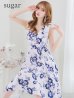XS-Lサイズあり【GINZA COUTURE/銀座クチュール】フラワープリント/ ショルダーリボン/ ノースリーブ/ ひざ丈/ フレア/ Aライン/ ワンピース/ ミディアムドレス/ キャバドレス　ホワイトxブルー