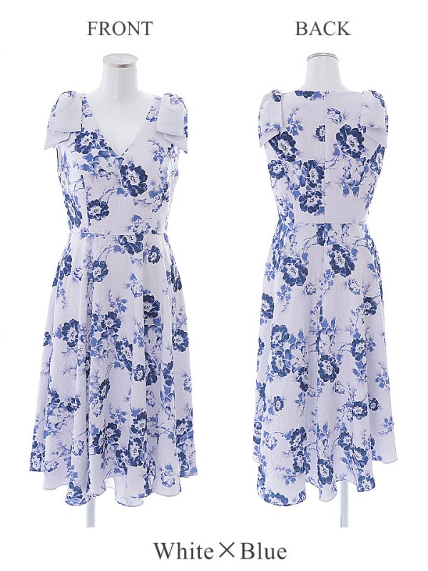 画像10: XS-Lサイズあり 【GINZA COUTURE/銀座クチュール】フラワープリント/ ショルダーリボン/ ノースリーブ/ ひざ丈/ フレア/ Aライン/ ワンピース/ ミディアムドレス/ キャバドレス[OF2]