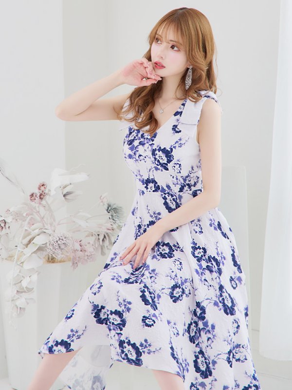 画像4: XS-Lサイズあり 【GINZA COUTURE/銀座クチュール】フラワープリント/ ショルダーリボン/ ノースリーブ/ ひざ丈/ フレア/ Aライン/ ワンピース/ ミディアムドレス/ キャバドレス[OF2]