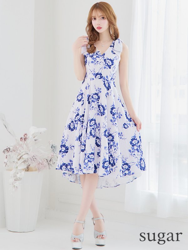 画像7: XS-Lサイズあり 【GINZA COUTURE/銀座クチュール】フラワープリント/ ショルダーリボン/ ノースリーブ/ ひざ丈/ フレア/ Aライン/ ワンピース/ ミディアムドレス/ キャバドレス[OF2]